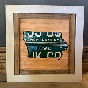 Iowa-Shaped Repurposed License Plate Framed Wall Art Wood 15”